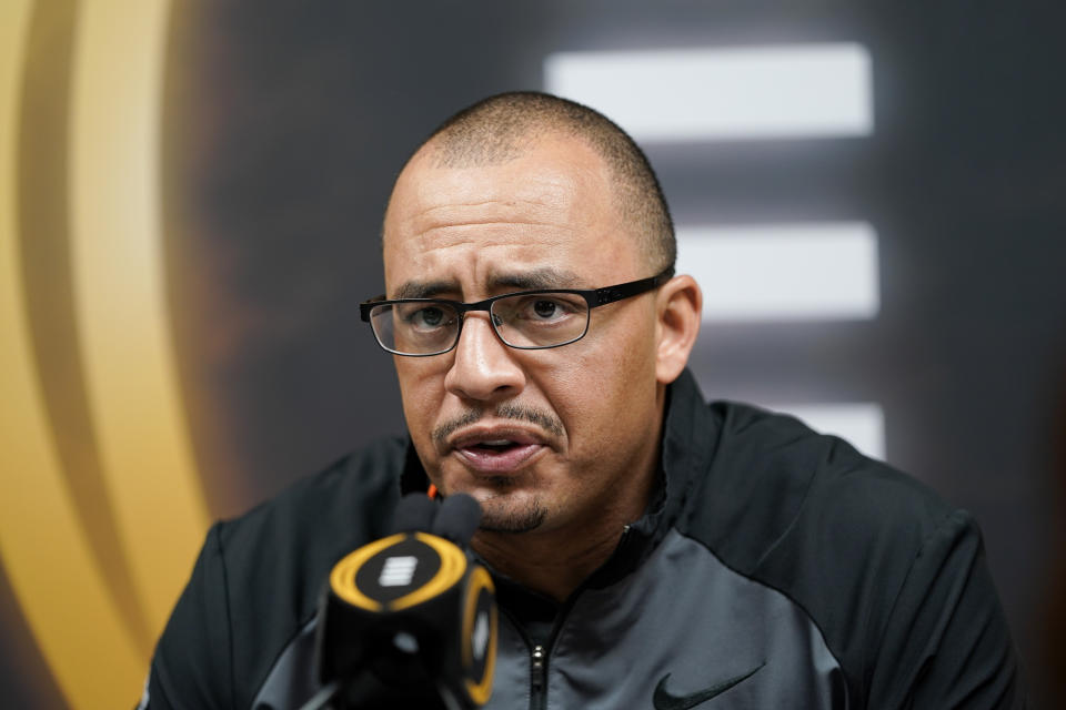 Clemson co-offensive ordinator Tony Elliott speaks during media day for NCAA College Football Playoff national championship game Saturday, Jan. 11, 2020, in New Orleans. Clemson is scheduled to play LSU on Monday. (AP Photo/David J. Phillip).