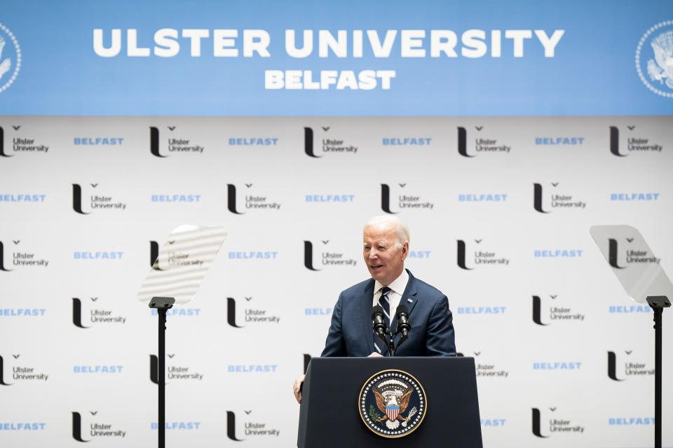 President Joe Biden delivers his keynote speech at Ulster University in Belfast, Northern Ireland, Wednesday, April 12, 2023. Biden is in Northern Ireland on Wednesday to participate in marking the 25th anniversary of the Good Friday Agreement, which brought peace to this part of the United Kingdom, as a new political crisis tests the strength of that peace. (Aaron Chown/PA via AP)
