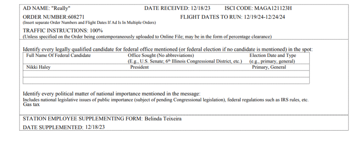 A TV ad contract for the pro-Donald Trump super PAC shows it is preparing to air an ad targeting Nikki Haley. (Federal Communications Commission)