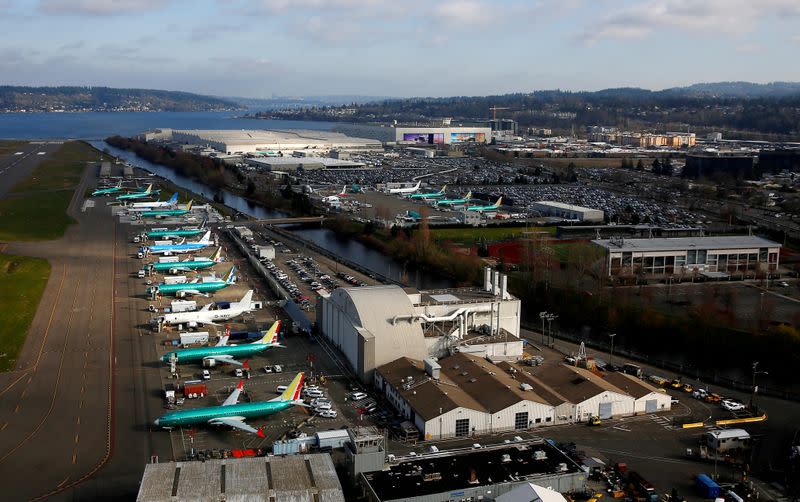 FILE PHOTO: An aerial photo shows Boeing airplanes, many 737 MAXs, parked on the tarmac at the Boeing Factory in Renton