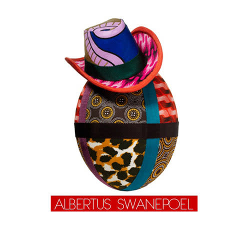 The milliner covered an ostrich egg in triangular-cut African shweshwe fabric and used grosgrain ribbon as seams for an eclectic patchwork look. His piÃ¨ce de rÃ©sistance? A miniature cowboy hat.