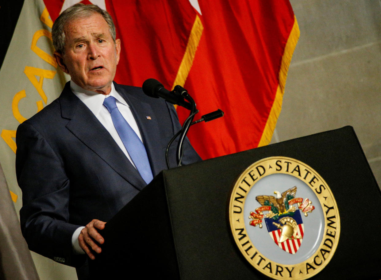 Former U.S. President George W. Bush speaks after being honored with the Sylvanus Thayer Award at the United States Military Academy in West Point, New York, on Oct. 19, 2017. (Photo: Brendan McDermid / Reuters)