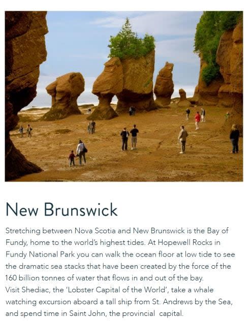 An ad promoting New Brunswick from Britain's Prestige Holidays invites tourists to visit the Hopewell Rocks and then 
