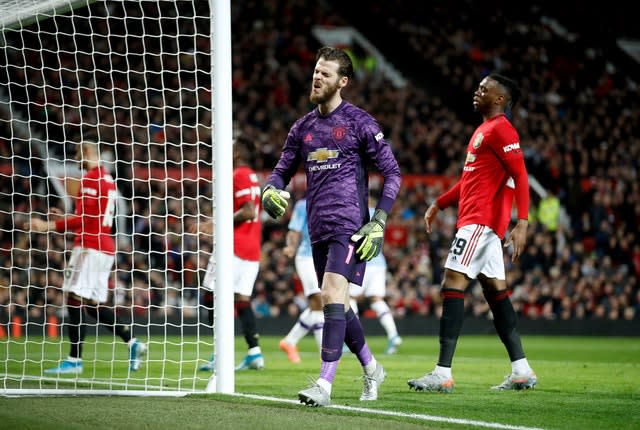 David De Gea reacts after Andreas Pereira's own goal