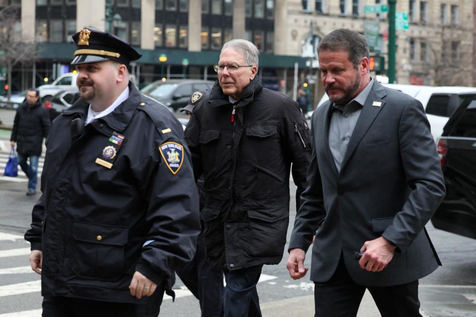 NRA leader Wayne LaPierre arrives at his civil corruption trial in New York.