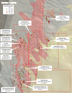 Recent exploration has focused on mapping and sampling new acquisitions to the north of our original holdings. This exploration has identified numerous mineralised vein, breccia and intrusion-related (‘I.R.’) systems, with breccia surface grades comparable to those found on the surface of the SFdLA breccia pipe.