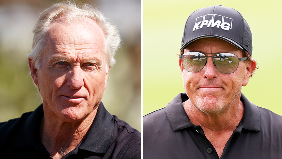 Former golfer Greg Norman (pictured left) during a press conference and (pictured right) Phil Mickelson during a tournament.