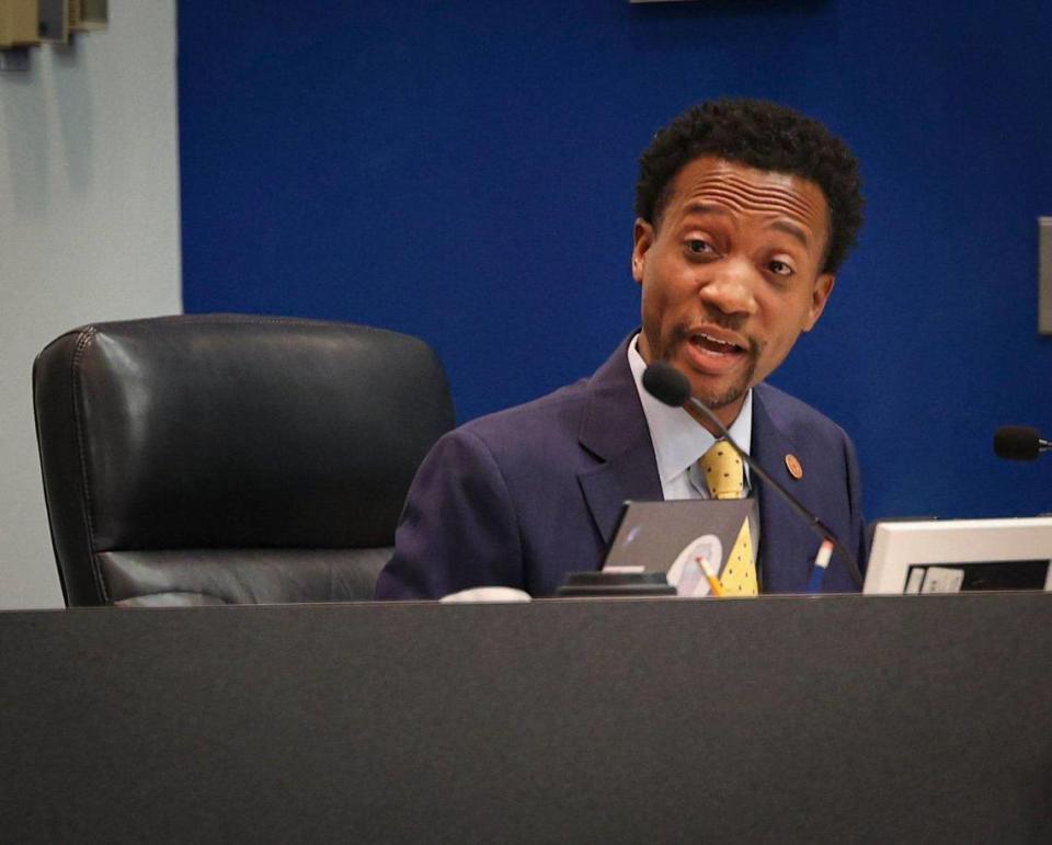 Broward School Board member Torey Alston addresses Dr. Earlean Smiley, the interim superintendent during a Broward County School Board meeting on Wednesday, Feb. 15, 2023, in Fort Lauderdale, Florida. Alie Skowronski/askowronski@miamiherald.com