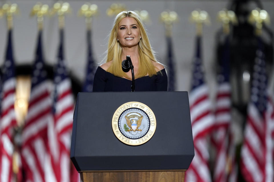 Ivanka Trump speaks to introduce President Trump from the South Lawn of the White House on the fourth day of the Republican National Convention, Thursday, August 27, 2020, in Washington. / Credit: Evan Vucci / AP