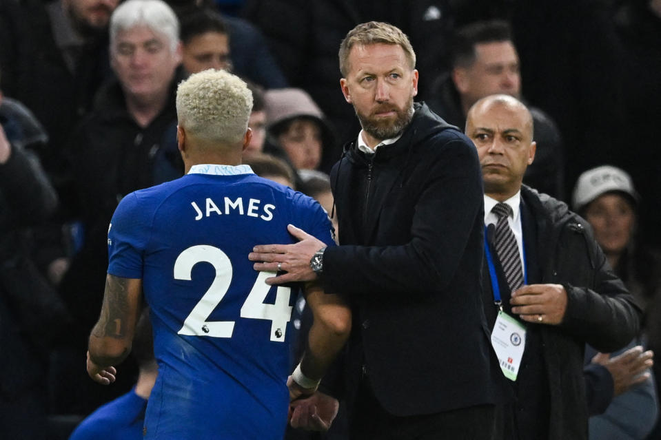 Chelsea's English head coach Graham Potter (R) comforts Chelsea's English defender Reece James (L) at the end of the English Premier League football match between Chelsea and Aston Villa at Stamford Bridge in London on April 1, 2023. - Aston Villa won 2 - 0 against Chelsea. (Photo by JUSTIN TALLIS / AFP) / RESTRICTED TO EDITORIAL USE. No use with unauthorized audio, video, data, fixture lists, club/league logos or 'live' services. Online in-match use limited to 120 images. An additional 40 images may be used in extra time. No video emulation. Social media in-match use limited to 120 images. An additional 40 images may be used in extra time. No use in betting publications, games or single club/league/player publications. /  (Photo by JUSTIN TALLIS/AFP via Getty Images)