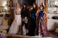 <p>Hanna and Emily have very different styles, but both looked like queens on prom night. Hanna stunned in a v-neck illusion sleeve gown with a high-low tulle skirt, while Emily channeled an edgier look with a long sleeve black patterned gown. </p><p><a class="link " href="https://www.amazon.com/Pretty-Little-Liars-Complete-Season/dp/B003Q93YBO?tag=syn-yahoo-20&ascsubtag=%5Bartid%7C10063.g.36197518%5Bsrc%7Cyahoo-us" rel="nofollow noopener" target="_blank" data-ylk="slk:STREAM NOW;elm:context_link;itc:0;sec:content-canvas">STREAM NOW</a></p>