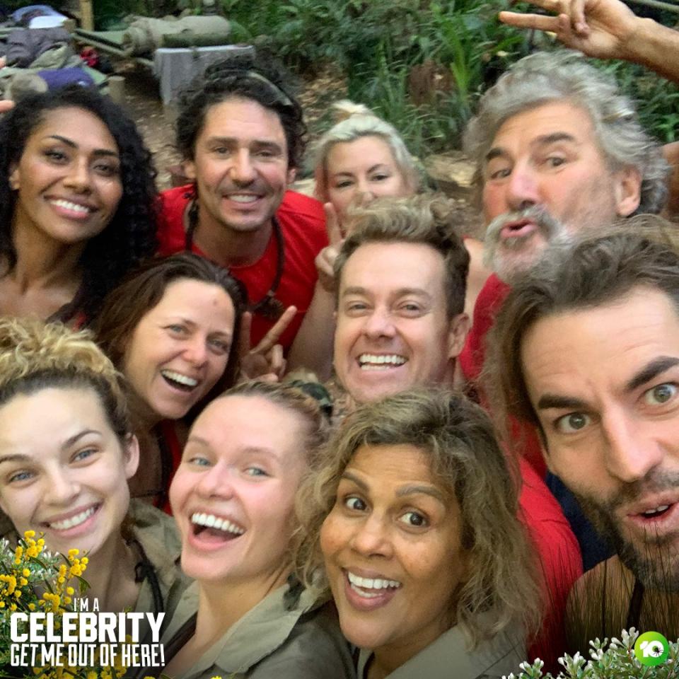 stars of I'm A Celebrity get me out of here australia 2021 pose for a selfie in camp