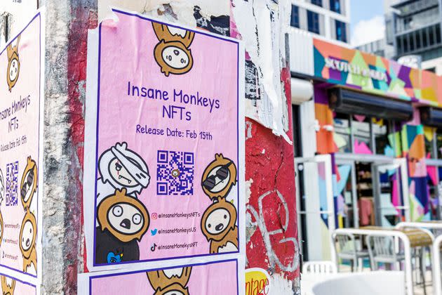 A poster advertising Insane Monkeys NFTs with QR code in Miami, Florida. (Photo: Jeff Greenberg via Getty Images)