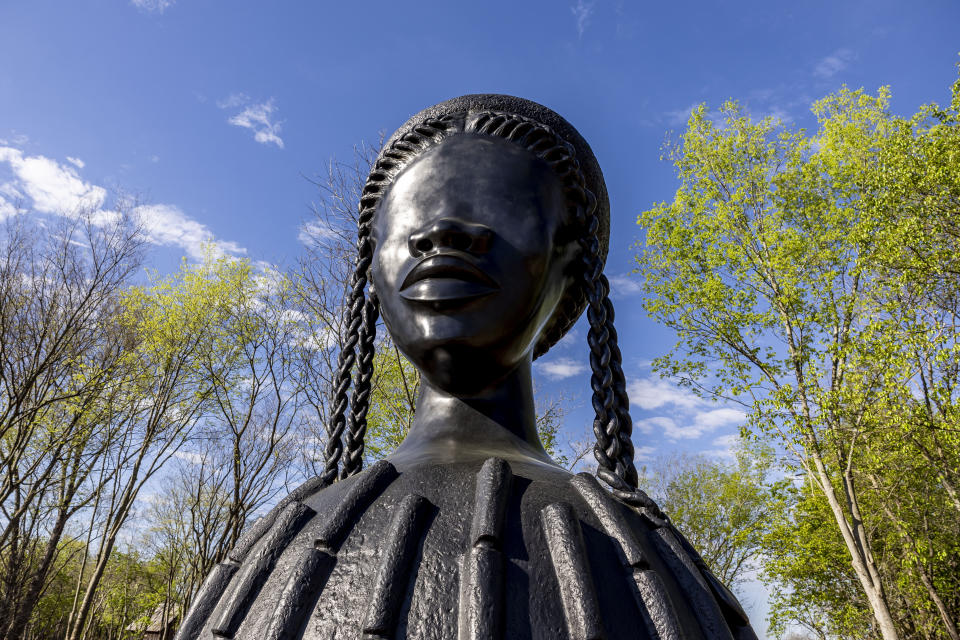 "Brick House," by Simone Leigh, bronze, 2019, during a media tour of Equal Justice Initiative's new Freedom Monument Sculpture Park, Tuesday, March 12, 2024, in Montgomery, Ala. (AP Photo/Vasha Hunt)