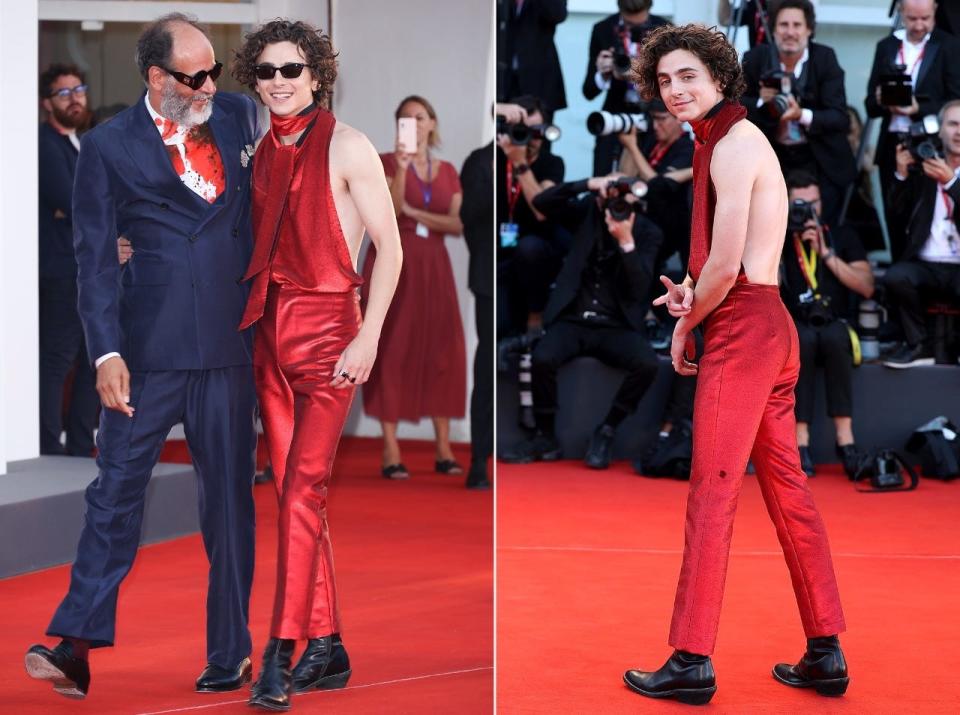 Luca Guadagnino and Timothée Chalamet attend the "Bones And All" red carpet at the 79th Venice International Film Festival.
