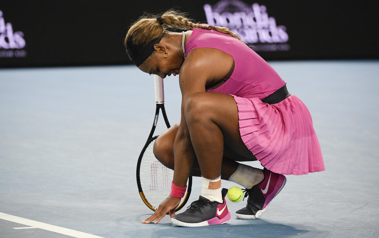 United States' Serena Williams reacts after defeating compatriot Danielle Collins during a tuneup event ahead of the Australian Open tennis championships in Melbourne, Australia, Friday, Feb. 5, 2021.(AP Photo/Andy Brownbill)