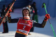 The winner Norway's Lucas Braathen celebrates after an alpine ski, men's World Cup giant slalom, in Alta Badia, Italy, Sunday, Dec. 18, 2022. (AP Photo/Alessandro Trovati)