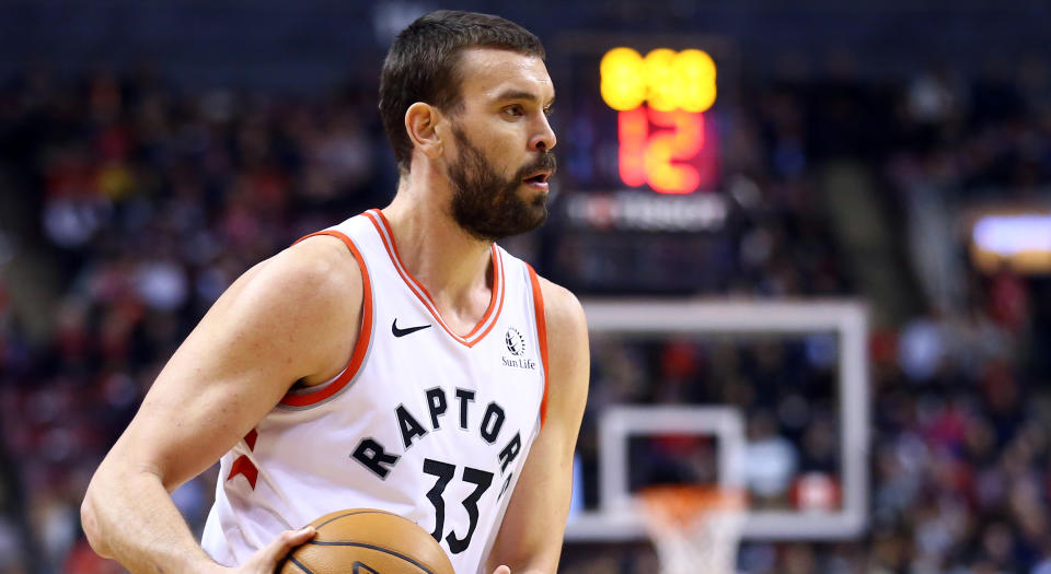 Marc Gasol of the Toronto Raptors, a three-time All-Star, was in some obvious discomfort while playing defence in Detroit on Wednesday. (Photo by Vaughn Ridley/Getty Images)