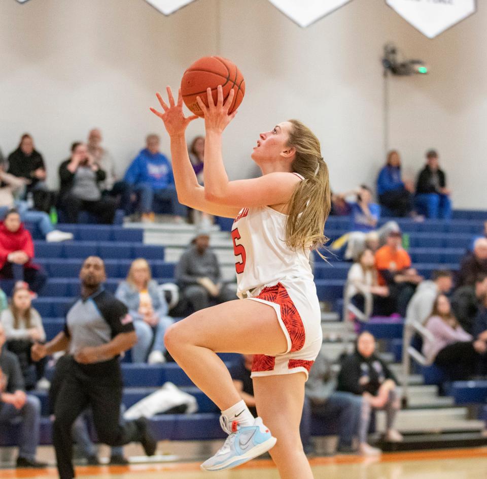 Highland's Talena Rogers goes up against Sauk Valley on Thursday, Jan. 19, 2023, at Highland Community College in Freeport.