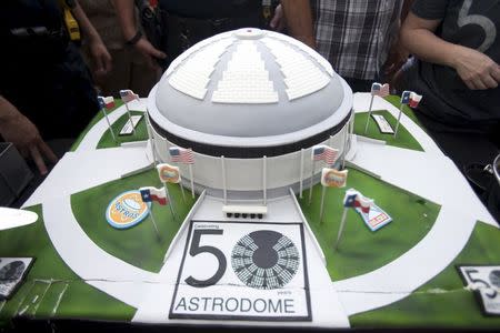 The Dome cake, baked by Bethany Berend, 35, is seen before it is served as people celebrate the 50th anniversary of the Astrodome stadium in Houston, Texas, April 9, 2015. REUTERS/Daniel Kramer