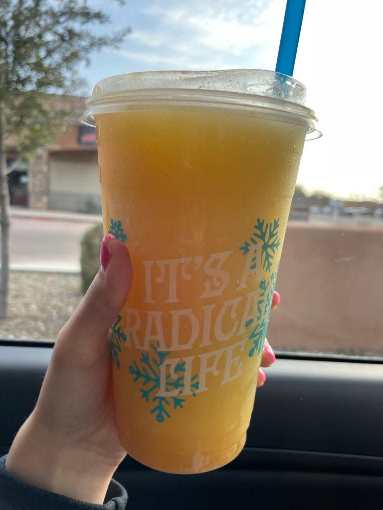 The Peach Ring Rebel from Dutch Bros. is made with white chocolate, passion fruit and peach drizzle.