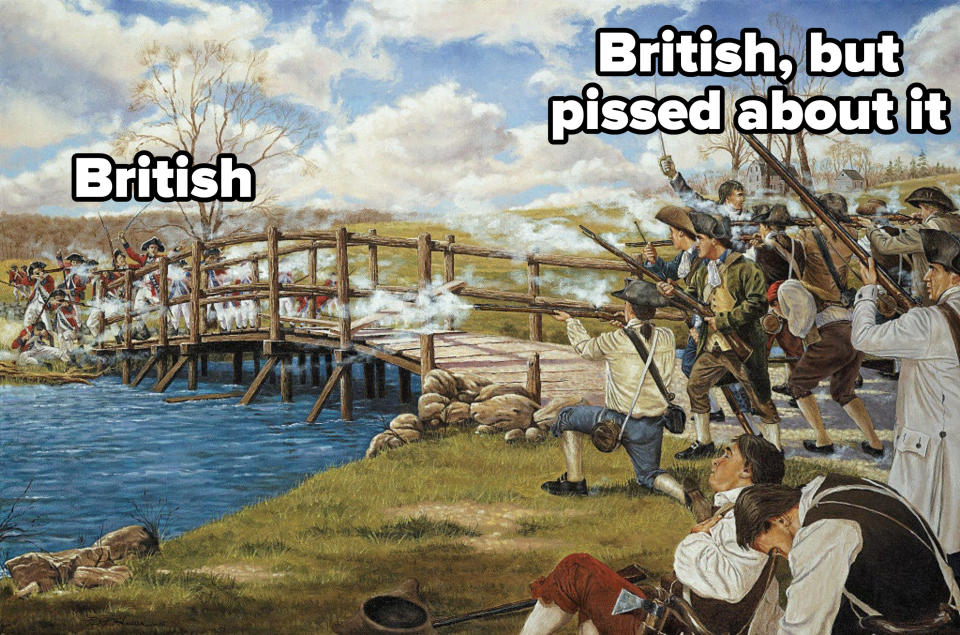 the battle of concord, with redcoats labelled as "british" and revolutionary fighters labelled as "british, but mad about it"