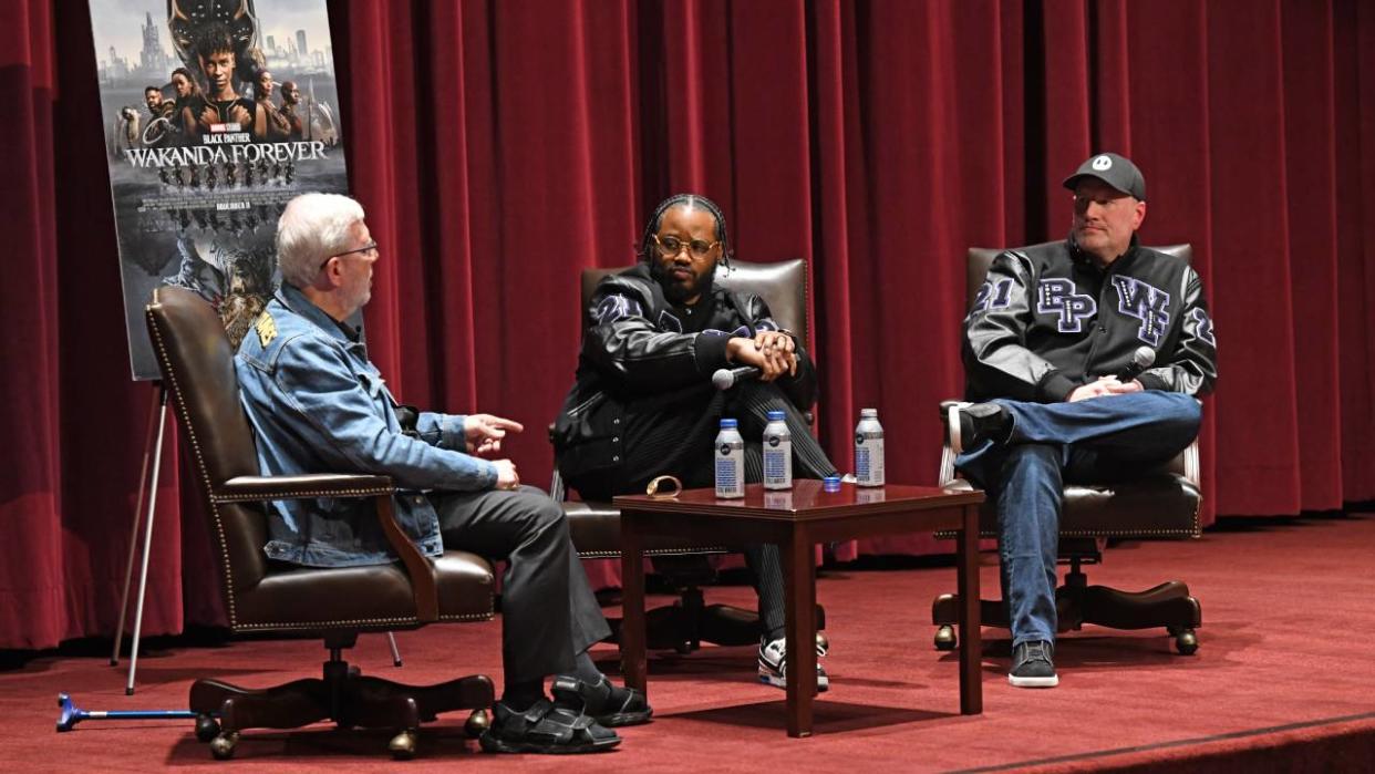 Leonard Maltin with “Black Panther: Wakanda Forever” director Ryan Coogler and Marvel’s Kevin Feige, both of whom are SCA alumni.