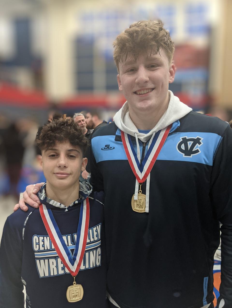 Central Valley's Antonio Boni (left) and Brenan Morgan celebrate their WPIAL championships Saturday at Chartiers Valley.