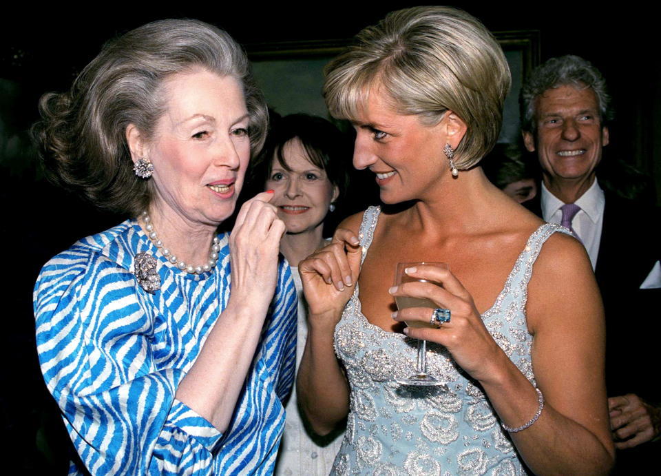 LONDON, UNITED KINGDOM - JUNE 02:  Princess Diana Talking With Raine, Comtesse De Chambrun (previously Her Stepmother, Countess Raine Spencer) At A Private Viewing And Reception At Christies Of Dresses Worn By The Princess That Are For Auction To Raise Money For The Aids Crisis Trust And The Royal Marsden Hospital Cancer Fund.  (Photo by Tim Graham Photo Library via Getty Images)