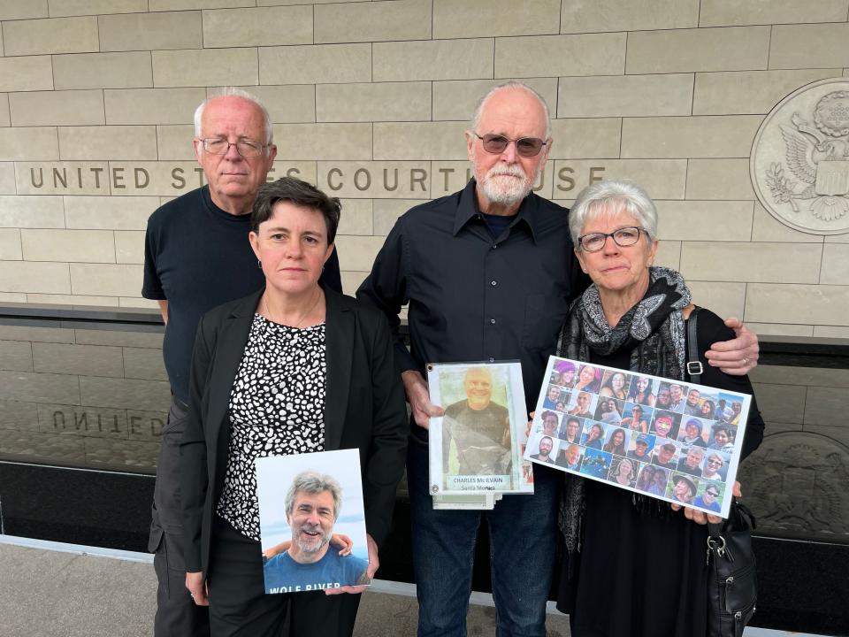 Family members of three victims of the Conception fire that killed 34 people are pictured outside federal court in Los Angeles on Wednesday, Oct. 25, 2023. They are (from left to right) James Adamic, brother of victim Diana Adamic, who was killed on the boat along with her husband, Steve Salika, and their daughter, Tia Salika; Maggie Strom, wife of victim Ted Strom, 62; and Clark and Kathleen McIlvain, whose 44-year-old son Charles McIlvain also was a victim.