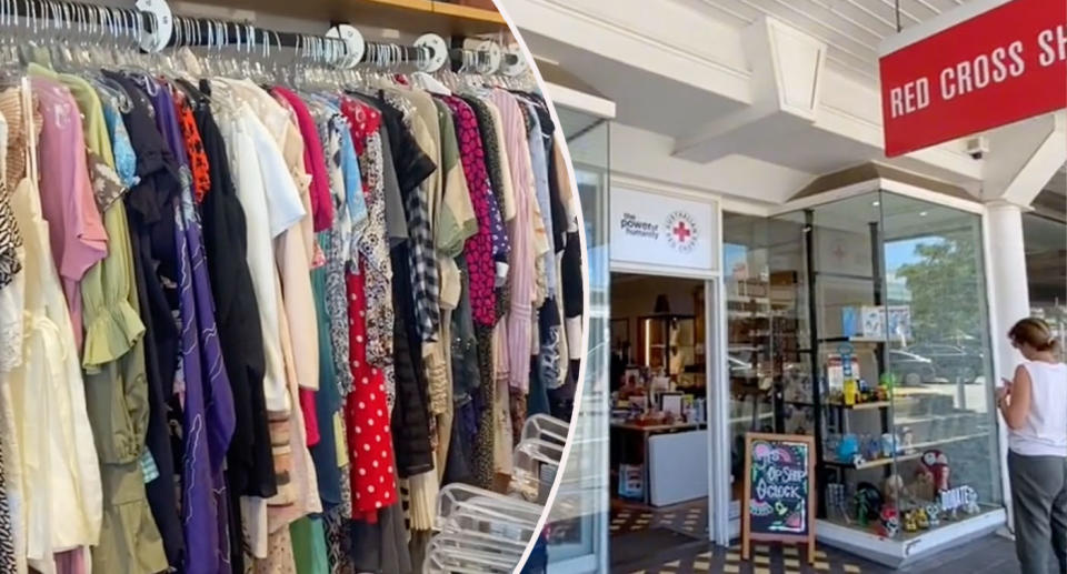 Left: Clothes on rack inside charity store Right: Red Cross charity store shop front in Cottesloe, WA