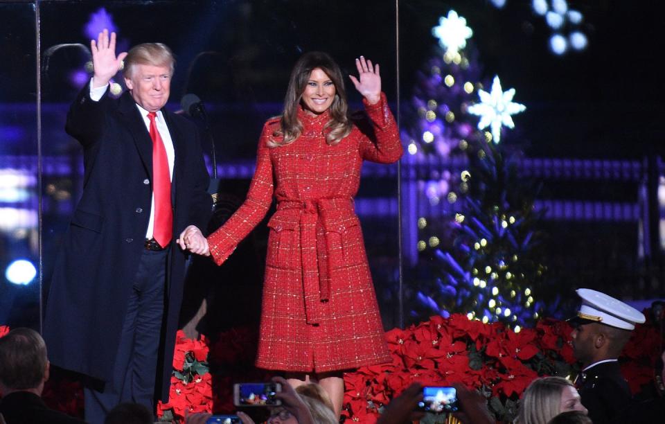 <p>Melania was wrapped up like a present in a beautiful Chanel coatdress again paired with her go-to shoe designer, Christian Louboutin. The annual tree lighting ceremony was her first during her tenure as FLOTUS in November 2017. </p>