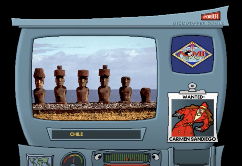 "Computer game screen with moai statues, hinting Carmen Sandiego's location in Chile."