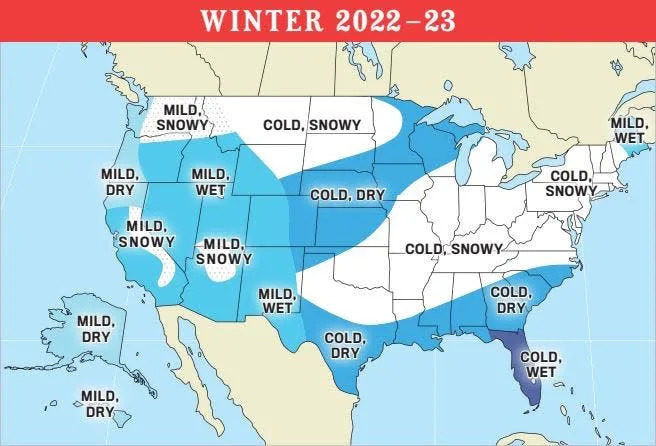 This upcoming winter should be wetter and warmer than usual across the western U.S., with colder temperatures expected across the country's eastern half, according to long-term forecasts released this week by Old Farmer's Almanac.