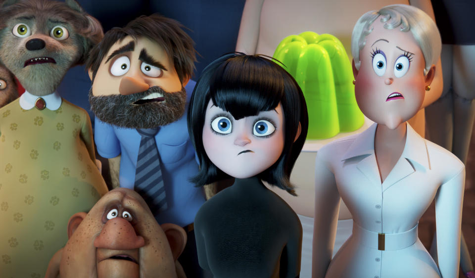 This image released by Sony Pictures Animation shows Mavis, voiced by Selena Gomez, center, and Ericka, voiced by Kathryn Hahn, right, in the animated film "Hotel Transylvania: Transformania." (Sony Pictures Animation via AP)