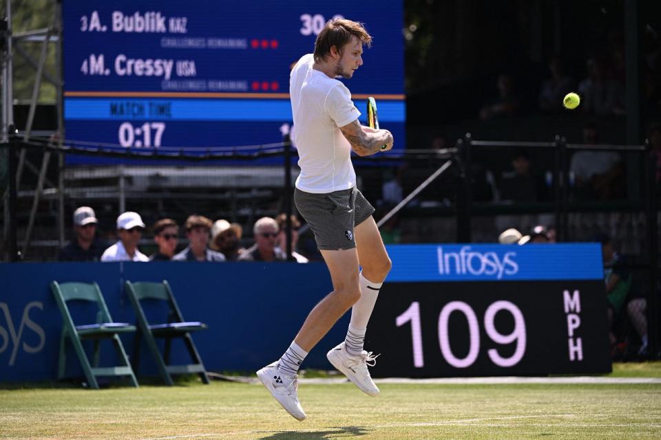 Alexander Bublik in action against Maxime Cressy during the Infosys Hall of Fame Open at Center Court on Sunday.