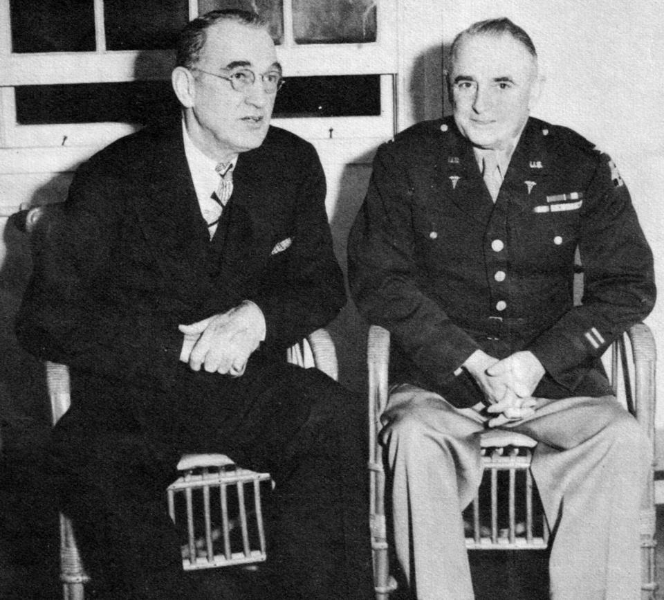 In late May 1945 — just two weeks after World War II ended in Europe — U.S. Sen. James Mead of New York, left, visited Rhoads Army Hospital  on Burrstone Road and suggested to Col. Austin J. Canning, the hospital’s commanding officer, right, that there was a possibility that the hospital could continue operating after the war ended. Mead said the hospital was in an ideal location and had modern facilities. He added that it could be operated by the Veterans Administration. A great idea, but it never happened.