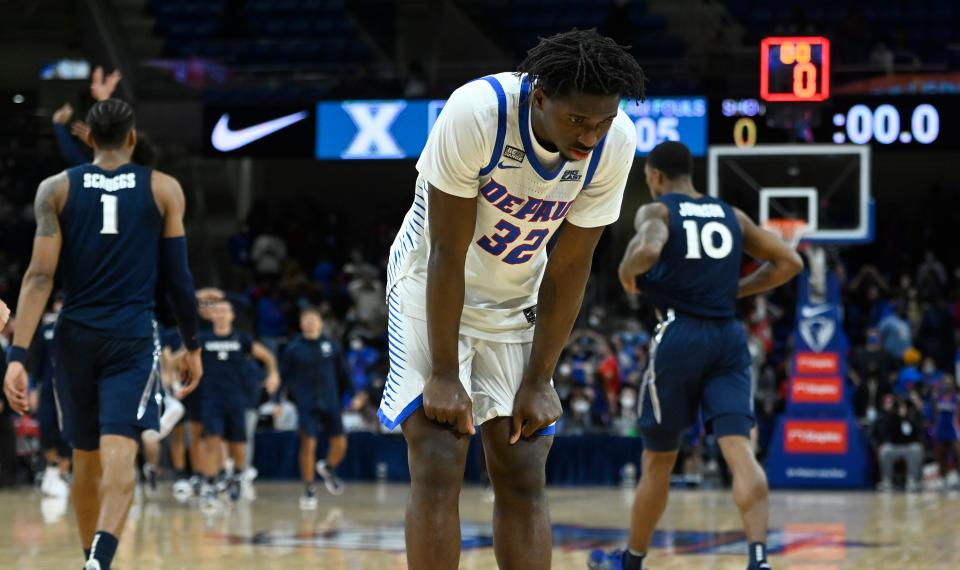 DePaul Blue Demons forward David Jones (32) reacts at the end of the second half after losing to Xavier Musketeers at Wintrust Arena.