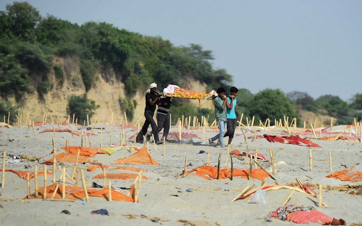 Relatives carry a dead body past shallow graves covered with saffron clothes on the banks of the Ganges River in Shringverpur village - SANJAY KANOJIA /AFP