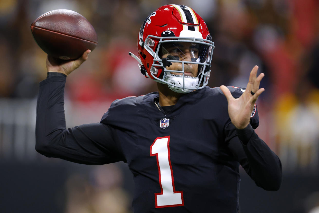 Marcus Mariota's time with the Falcons could be nearing its end, as he will miss the rest of the season due to knee surgery. (Photo by Todd Kirkland/Getty Images)