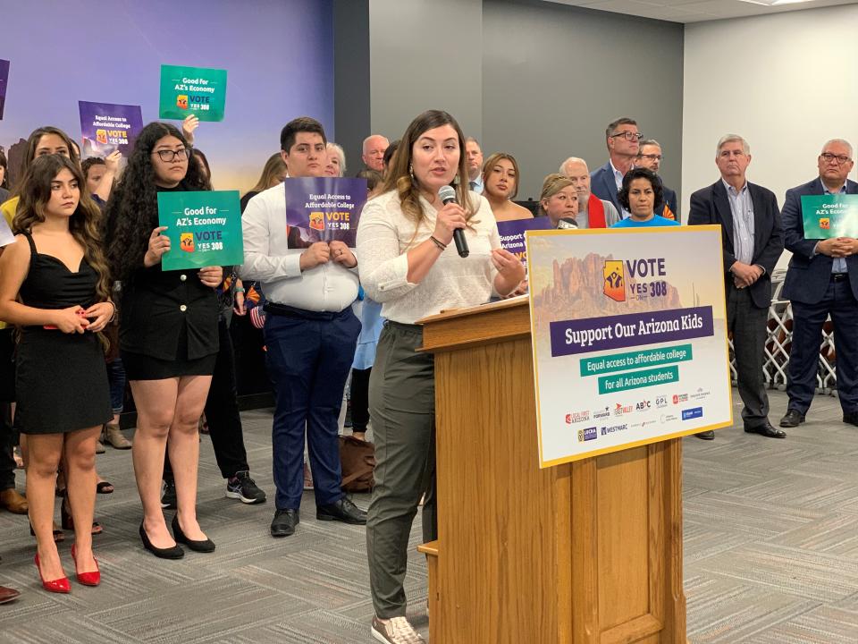 Alex Gomez, the co-executive director for LUCHA, speaks in support of Proposition 308 during a press conference in Phoenix on September 15, 2022. The ballot measure would grant undocumented students the same tuition rate as other Arizona college students.