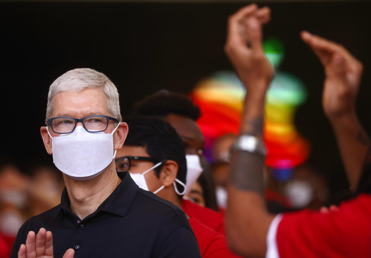 LOS ANGELES, CALIFORNIA - NOVEMBER 19: Apple CEO Tim Cook attends the grand opening event of the new Apple store at The Grove on November 19, 2021 in Los Angeles, California. The original Apple store in The Grove was opened in 2002 but was redesigned in a new location with twice the space and opened today in time for the holiday shopping season. (Photo by Mario Tama/Getty Images)