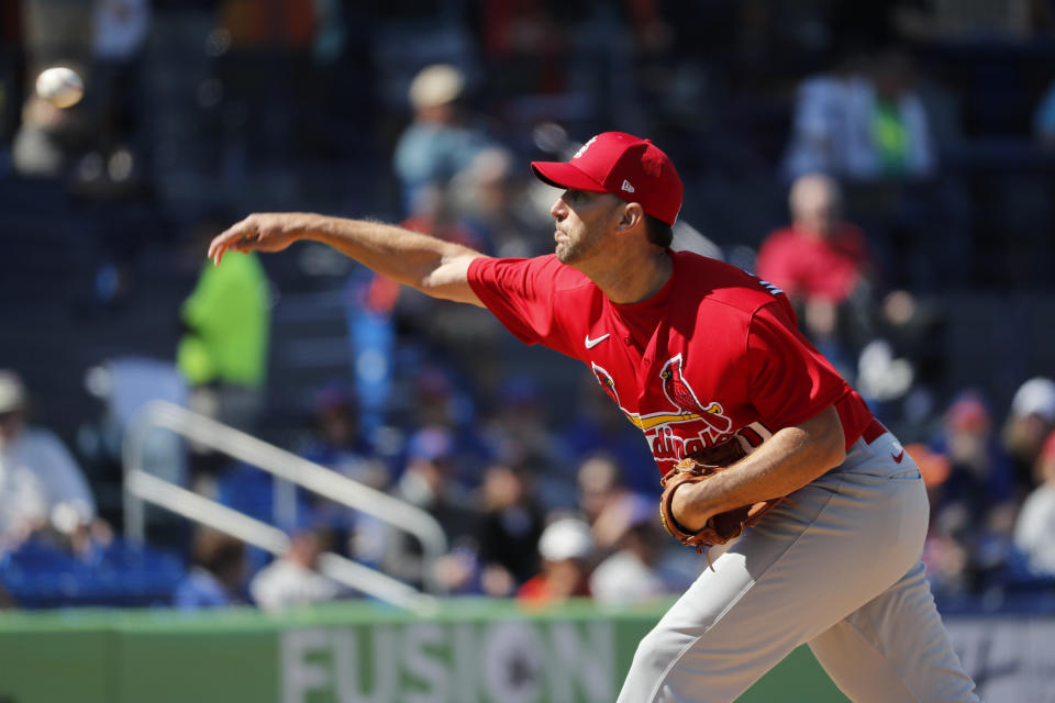 St. Louis Cardinals pitcher Adam Wainwright throws during the second inning of a spring training baseball game against the New York Mets Friday, Feb. 28, 2020, in Port St. Lucie, Fla. (AP Photo/Jeff Roberson)