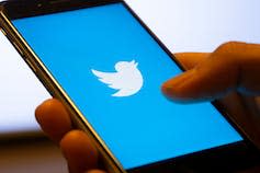 Close-up of a hand holding a smartphone showing an entirely blue screen with the Twitter bird logo in white.