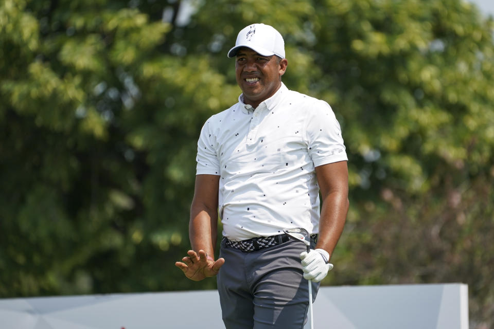 Jhonattan Vegas reacts as his tee shot lands on the seventh hole during the second round of the 3M Open golf tournament in Blaine, Minn., Friday, July 23, 2021. (AP Photo/Craig Lassig)