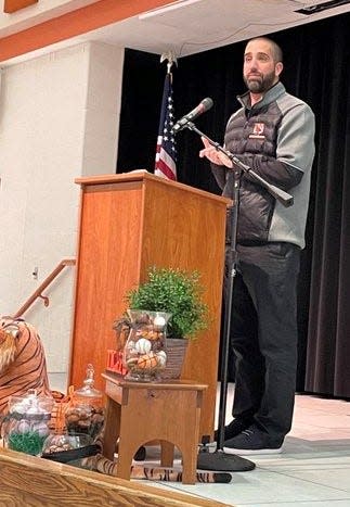 Brett Hershberger makes his acceptance speech Saturday night.