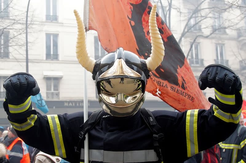 French firefighters demonstrate during a national protest in Paris