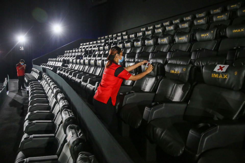 TGV Cinemas have implemented alternate seating arrangements in line with the social distancing rules. — Picture by Mohd Yusof Mat Isa