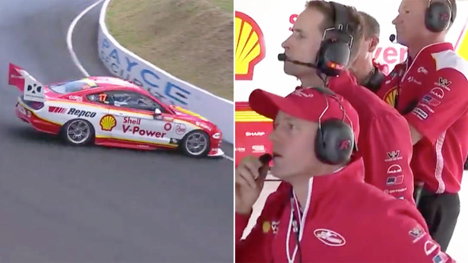 Seen here, Scott McLaughlin's team look on in shock as he crashes in practice.