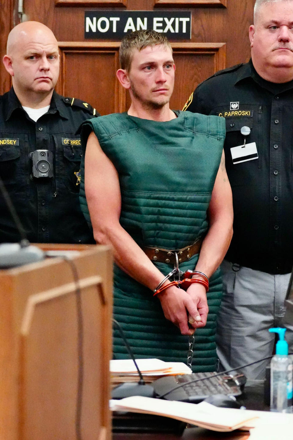 Heavily shackled Chad Doerman, 32,  stands before Clermont Judge Jason Nagel. Doerman has admitted to killing his three young boys at their home in Monroe Township. Bond was set at $20 million.